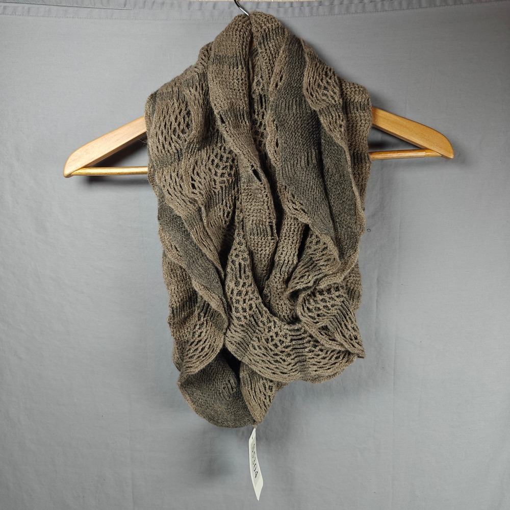 Y2K Taupe Brown Open Knit Infinity Scarf Striped Pointelle Loop Scarf